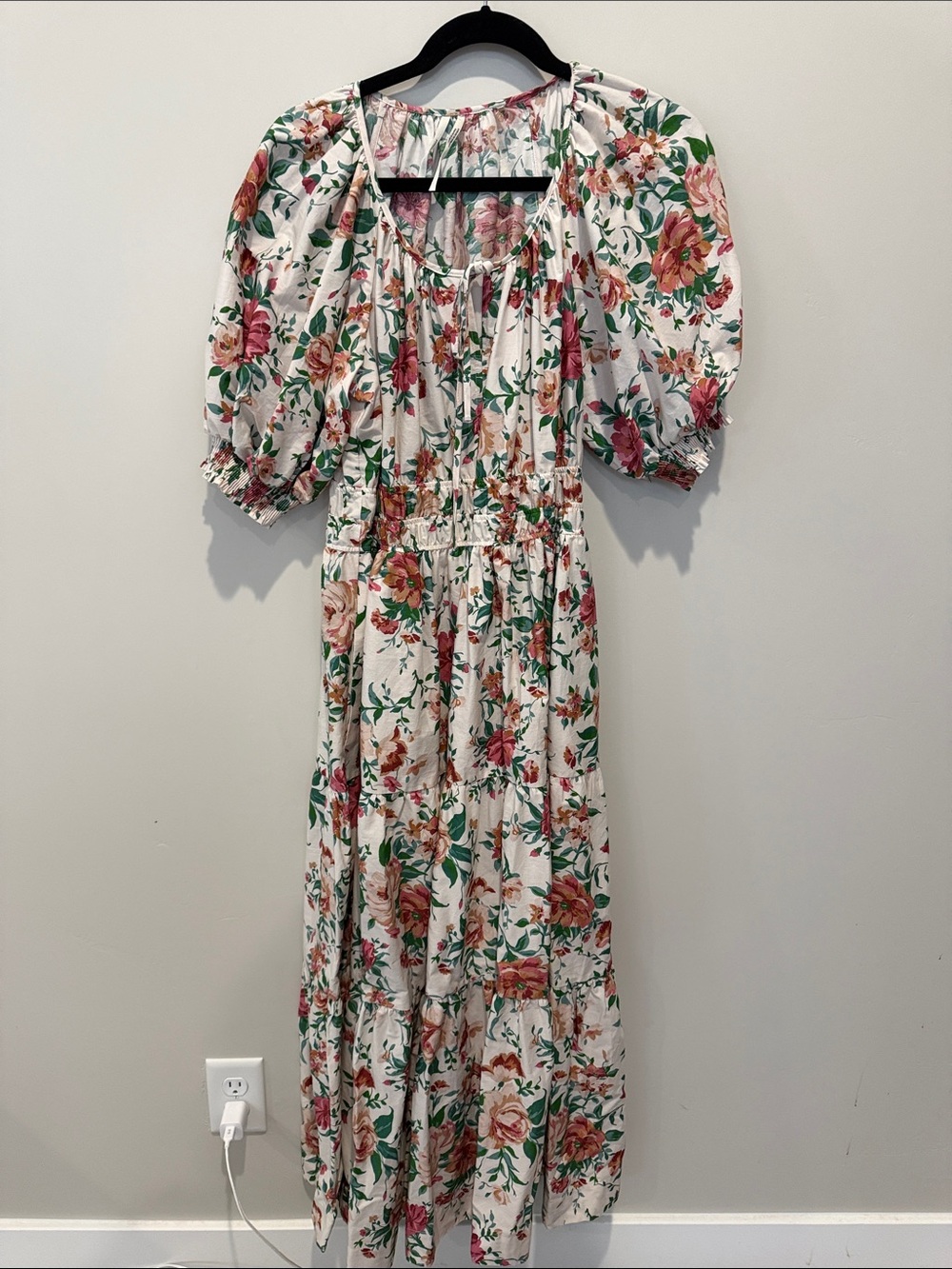 Anthropologie Floral Puff-Sleeve Maxi Dress in White and Pink